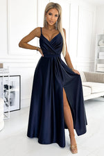 Numoco Elegant Satin Maxi Dress with Leg Slit navy blue