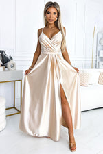 Numoco Elegant Satin Maxi Dress with Leg Slit beige