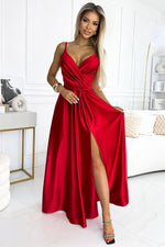 Numoco Elegant Satin Maxi Dress with Leg Slit red