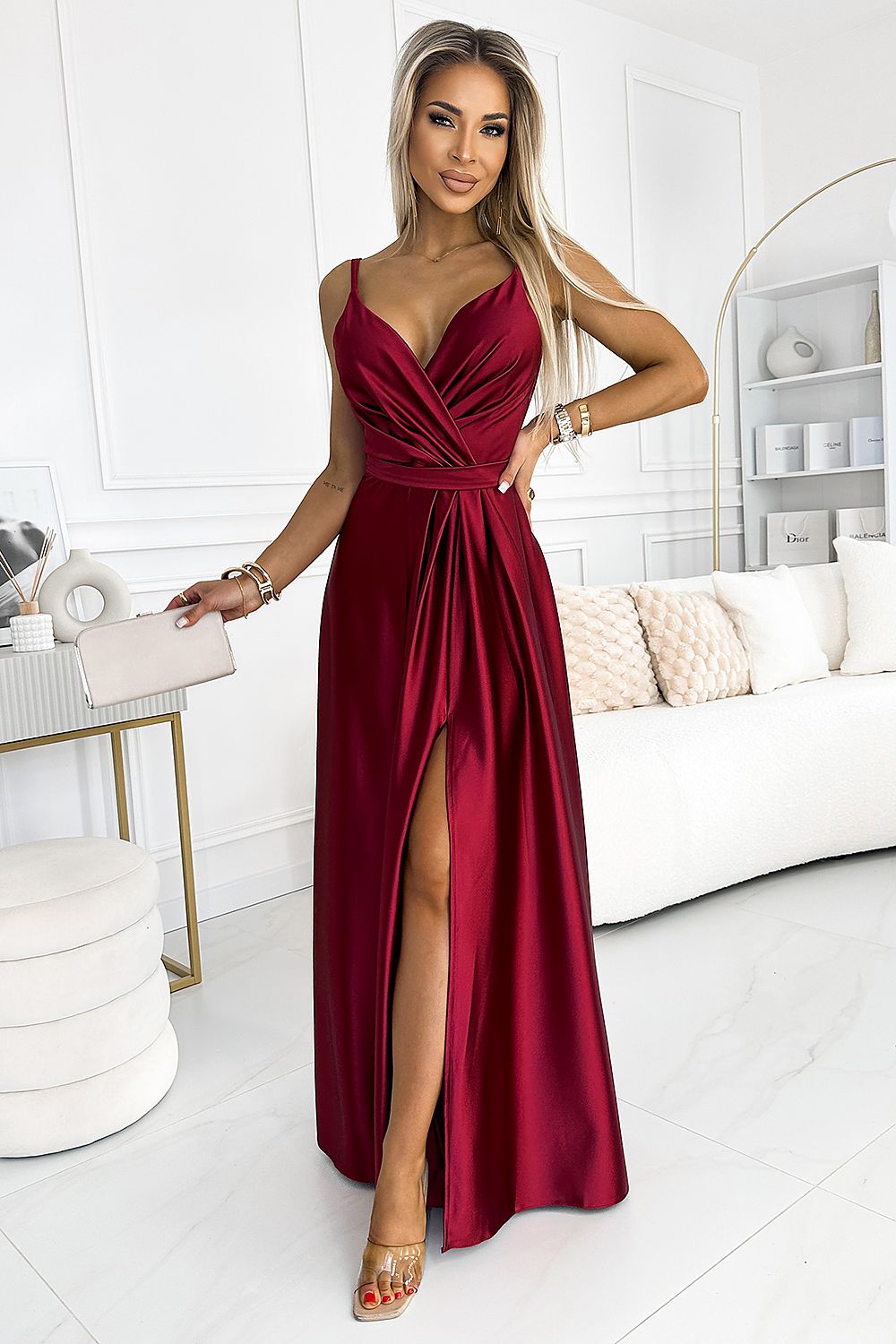 Numoco Elegant Satin Maxi Dress with Leg Slit red 2