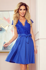 Numoco Flared Evening Dress with Ruffled Neckline and Lace blue