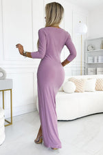 Numoco Glitter Maxi Dress with Envelope Neckline and Leg Slit