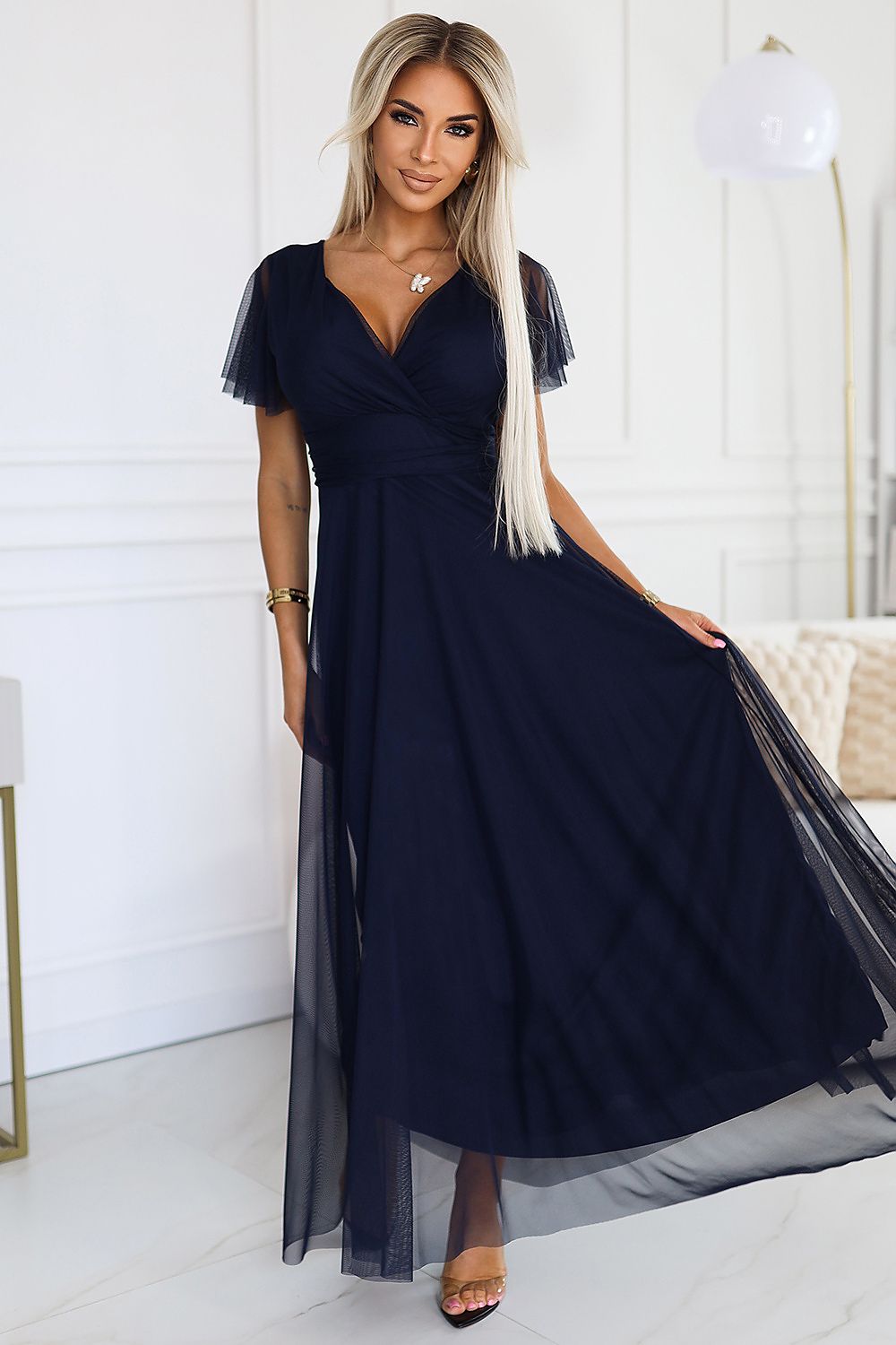 Numoco Nastia Navy Tulle Short Sleeve Long Dress