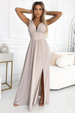 Numoco Brocade Slit Leg Long Dress beige