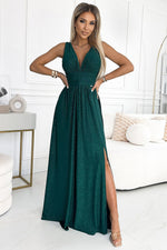 Numoco Brocade Slit Leg Long Dress green