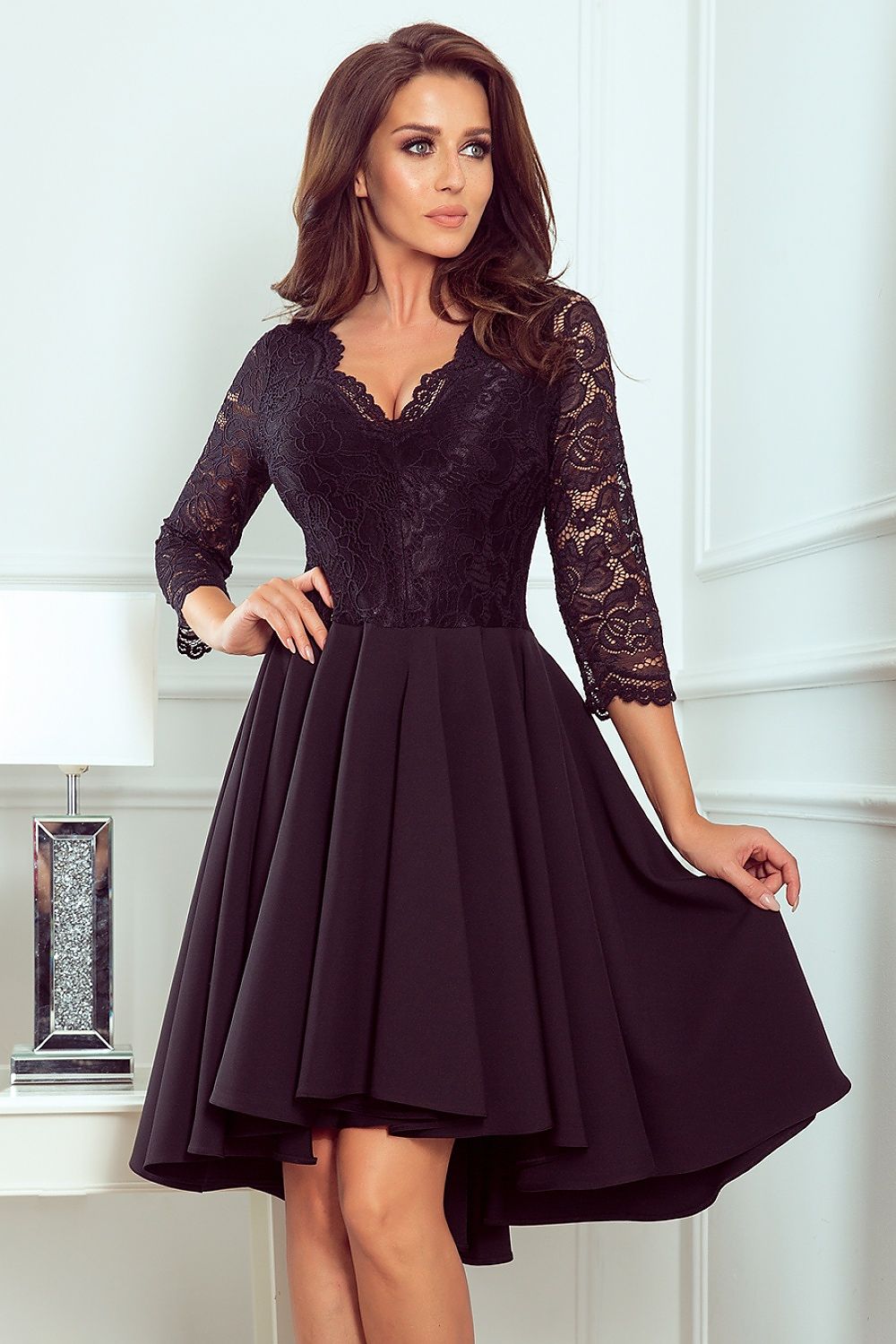 Numoco Nicolle Lace Asymmetrical 3/4 Sleeve Dress black