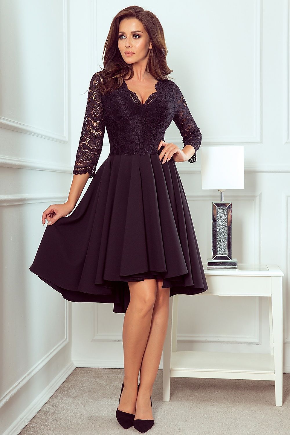 Numoco Nicolle Lace Asymmetrical 3/4 Sleeve Dress