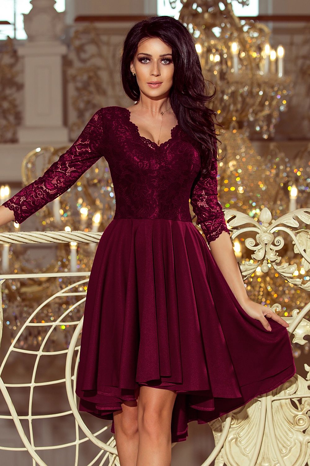 Numoco Nicolle Lace Asymmetrical 3/4 Sleeve Dress violet