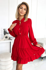 Numoco Red Frilled Long Sleeve Dress with Neckline and Gold Buttons red