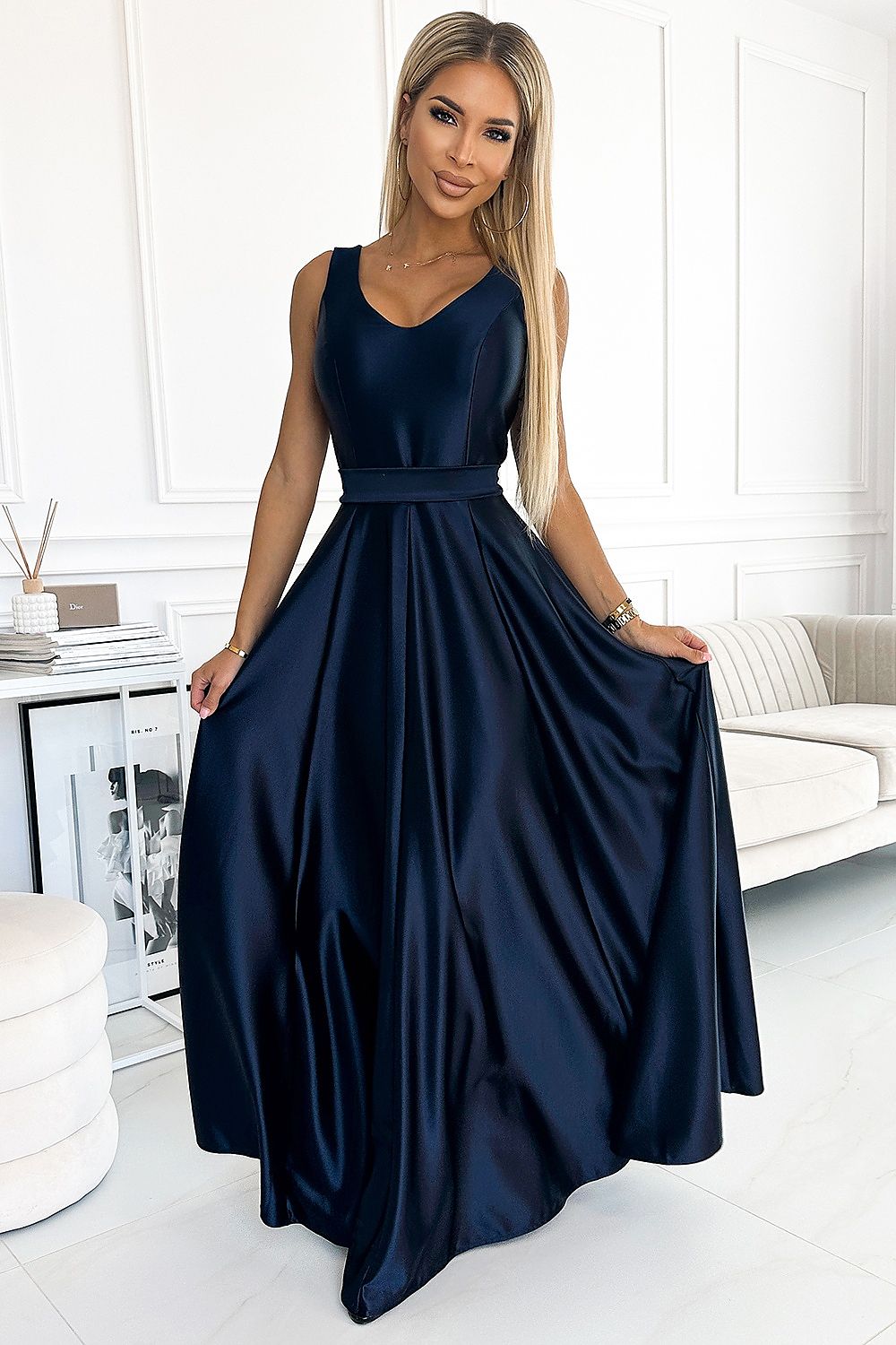 Numoco Satin Maxi Dress with Neckline and Bow in Navy Blue navy blue