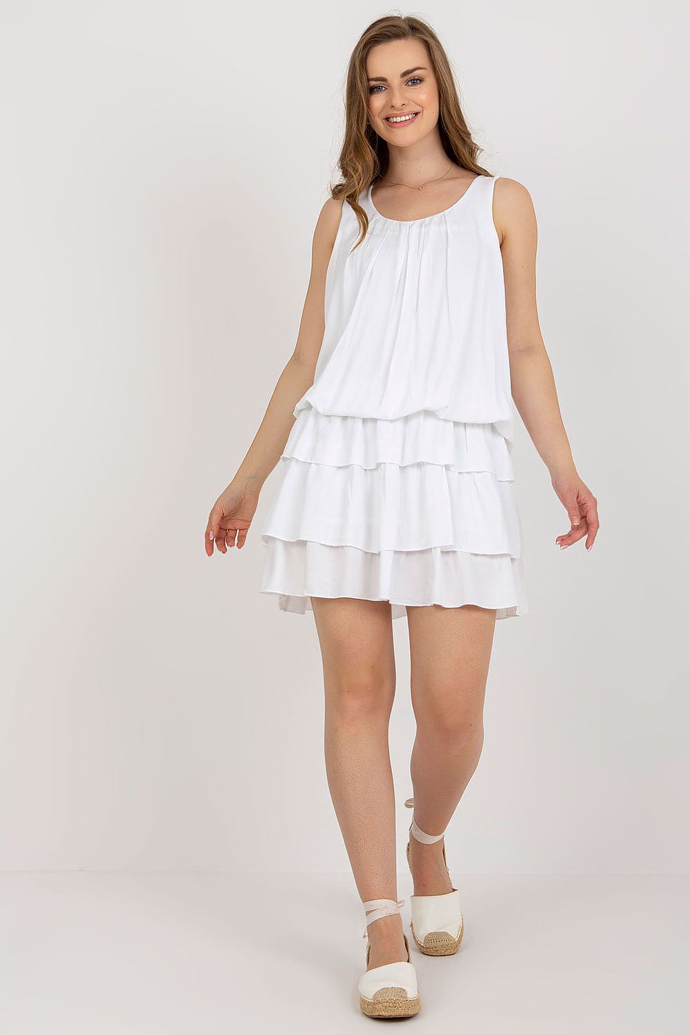 Och Bella Sleeveless Summer Daydress with Round Neckline and Ruffles white one-size-fits-all