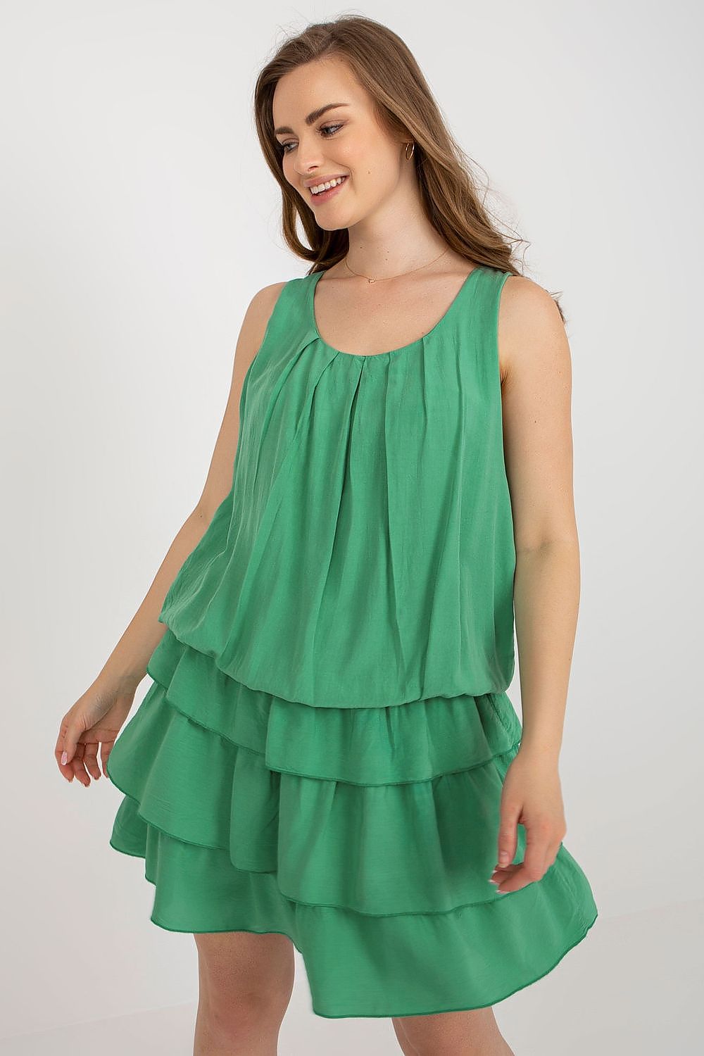 Och Bella Sleeveless Summer Daydress with Round Neckline and Ruffles green one-size-fits-all