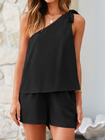 One-shoulder Bow Top Wide-leg Elastic Waist Shorts & Top Co-ord Set