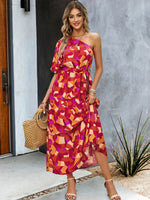 One Shoulder Printed Colourful Elegant Maxi Summer Dress Red