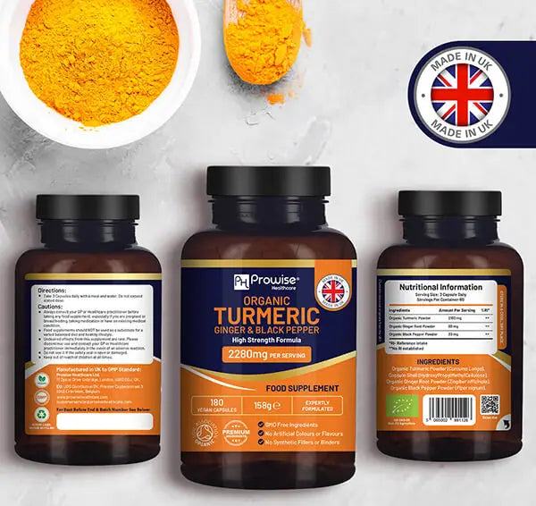 Organic Turmeric with Ginger and Black Pepper 2280mg High Strength | 180 Vegan Capsules