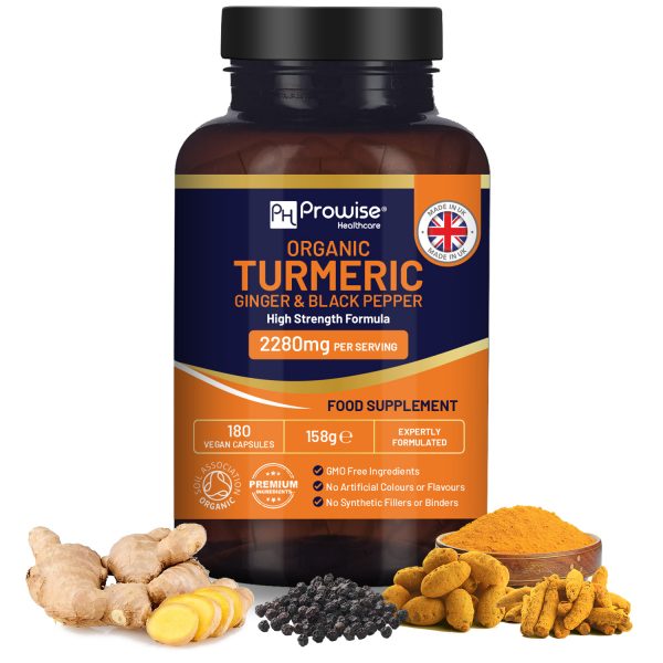 Organic Turmeric with Ginger and Black Pepper 2280mg High Strength | 180 Vegan Capsules