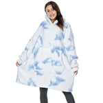 Oversized Hoodie Fleece Blanket with Sleeves | One Size One Size White with Blue patches