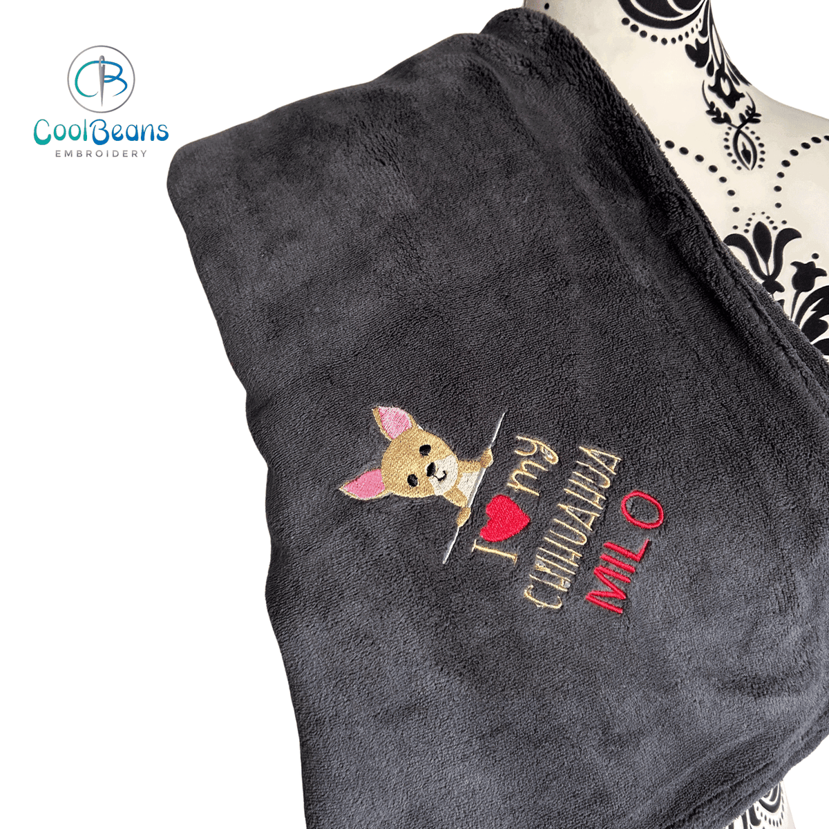 Pet Fleece Blanket - Chihuahua (Corner) - Personalised Charcoal