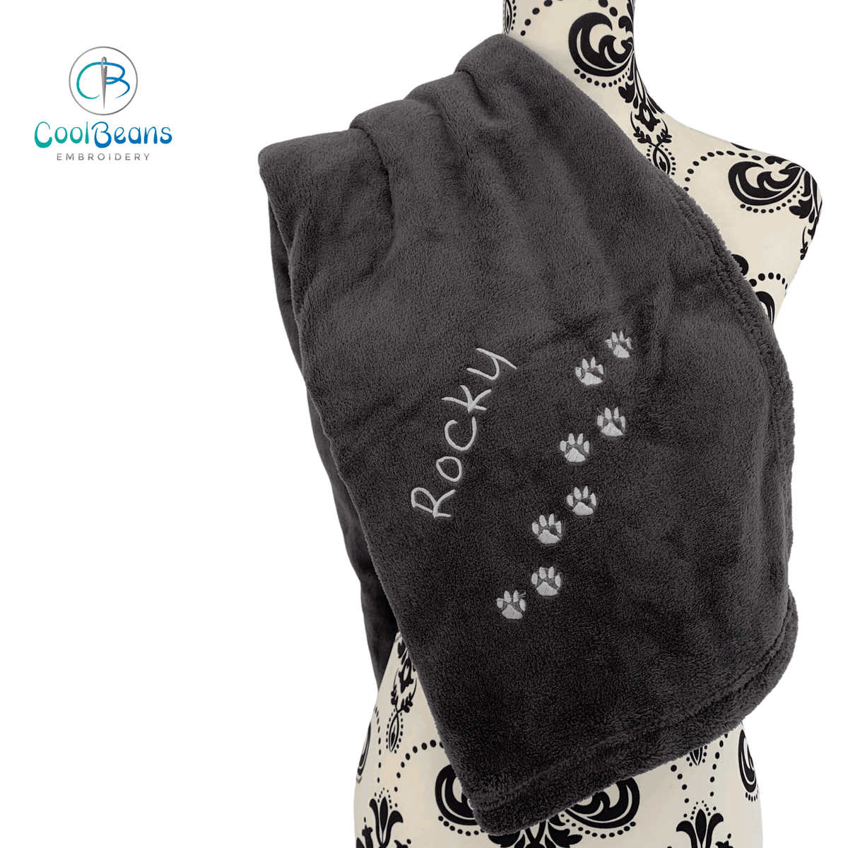 Pet Fleece Blanket - Mini Paws - Personalised in Corner Charcoal