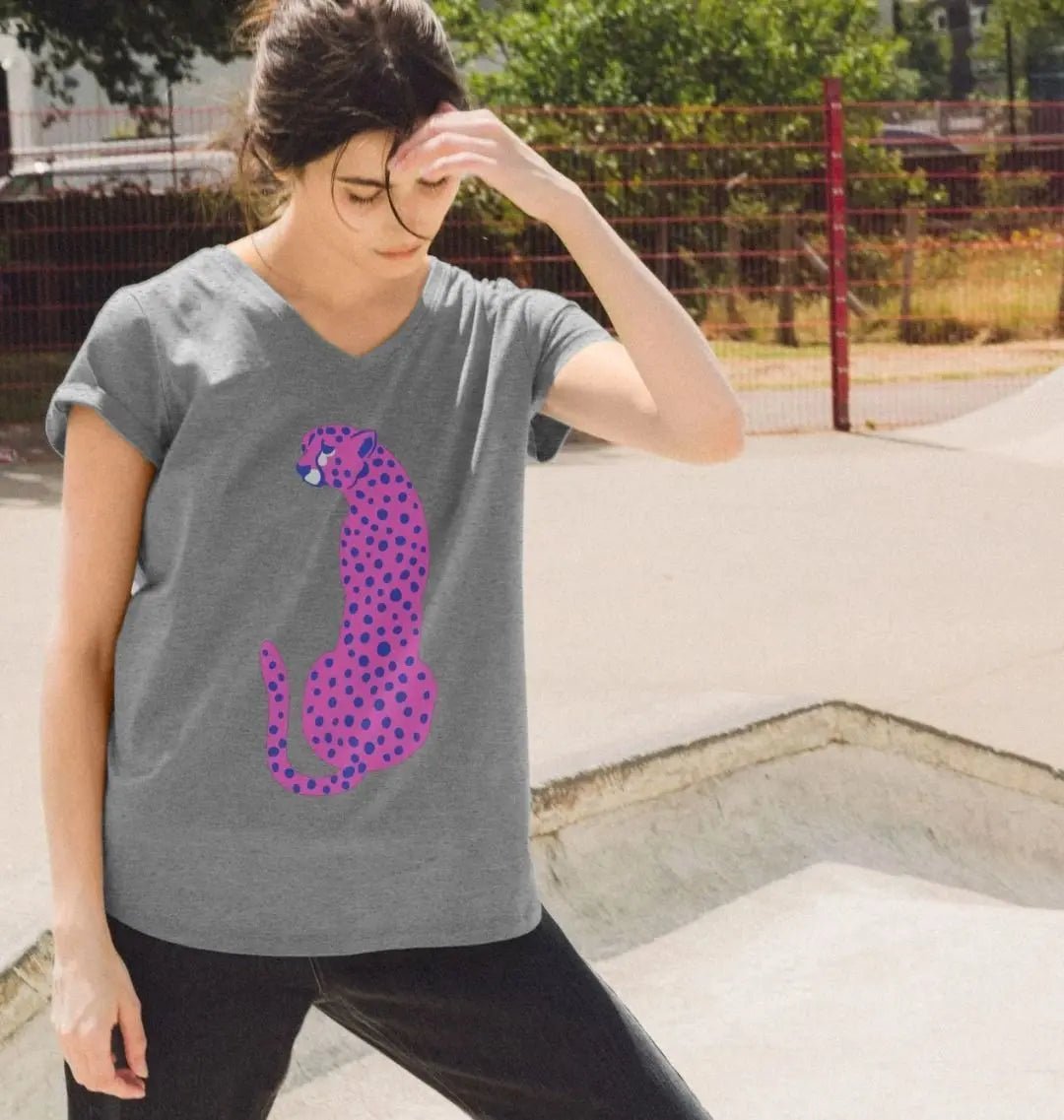 Pink Cheetah V Neck Organic Cotton T-shirt