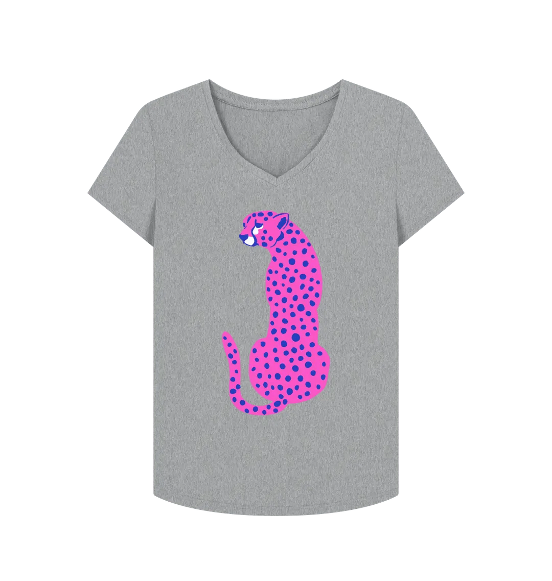 Pink Cheetah V Neck Organic Cotton T-shirt Athletic Grey