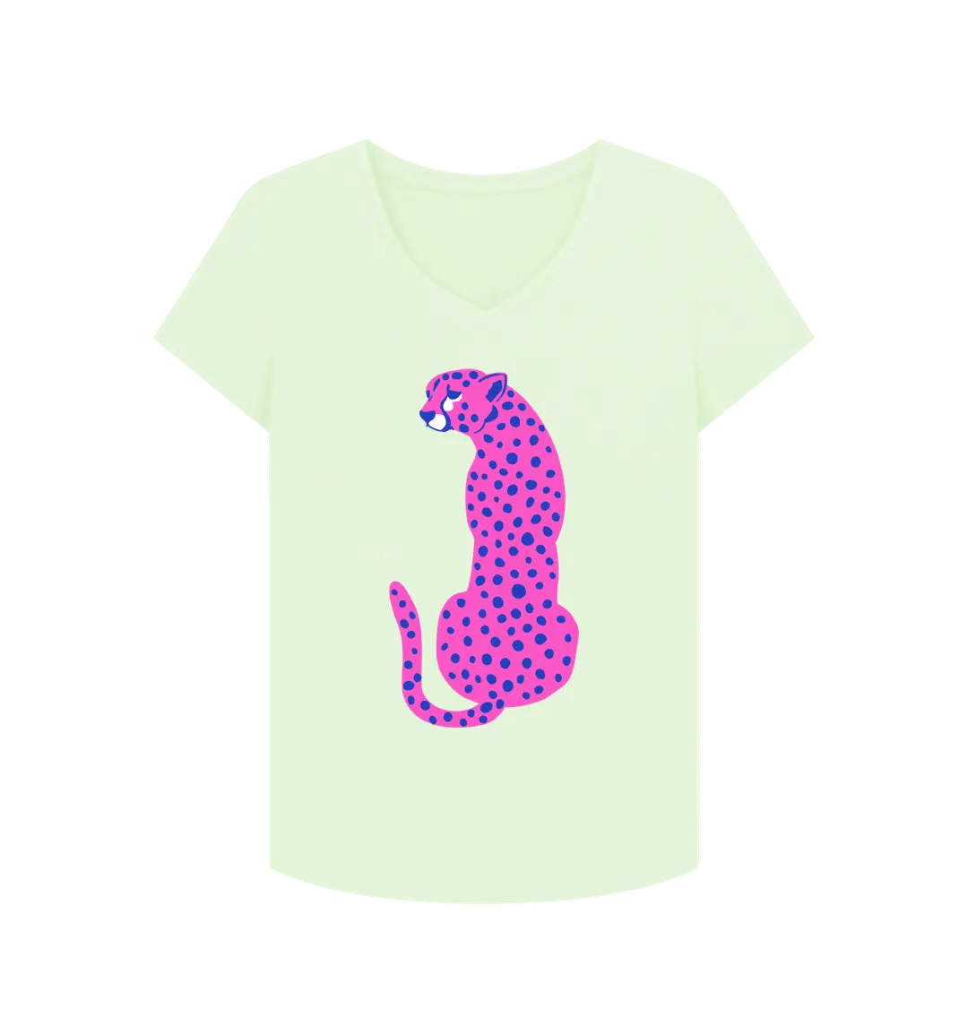 Pink Cheetah V Neck Organic Cotton T-shirt Pastel Green