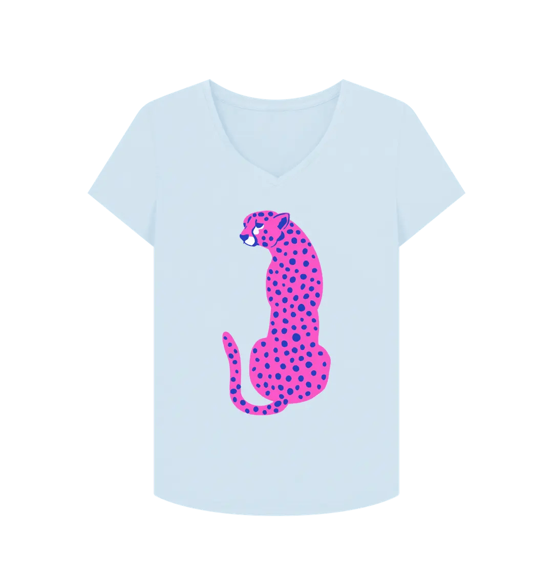 Pink Cheetah V Neck Organic Cotton T-shirt Sky Blue