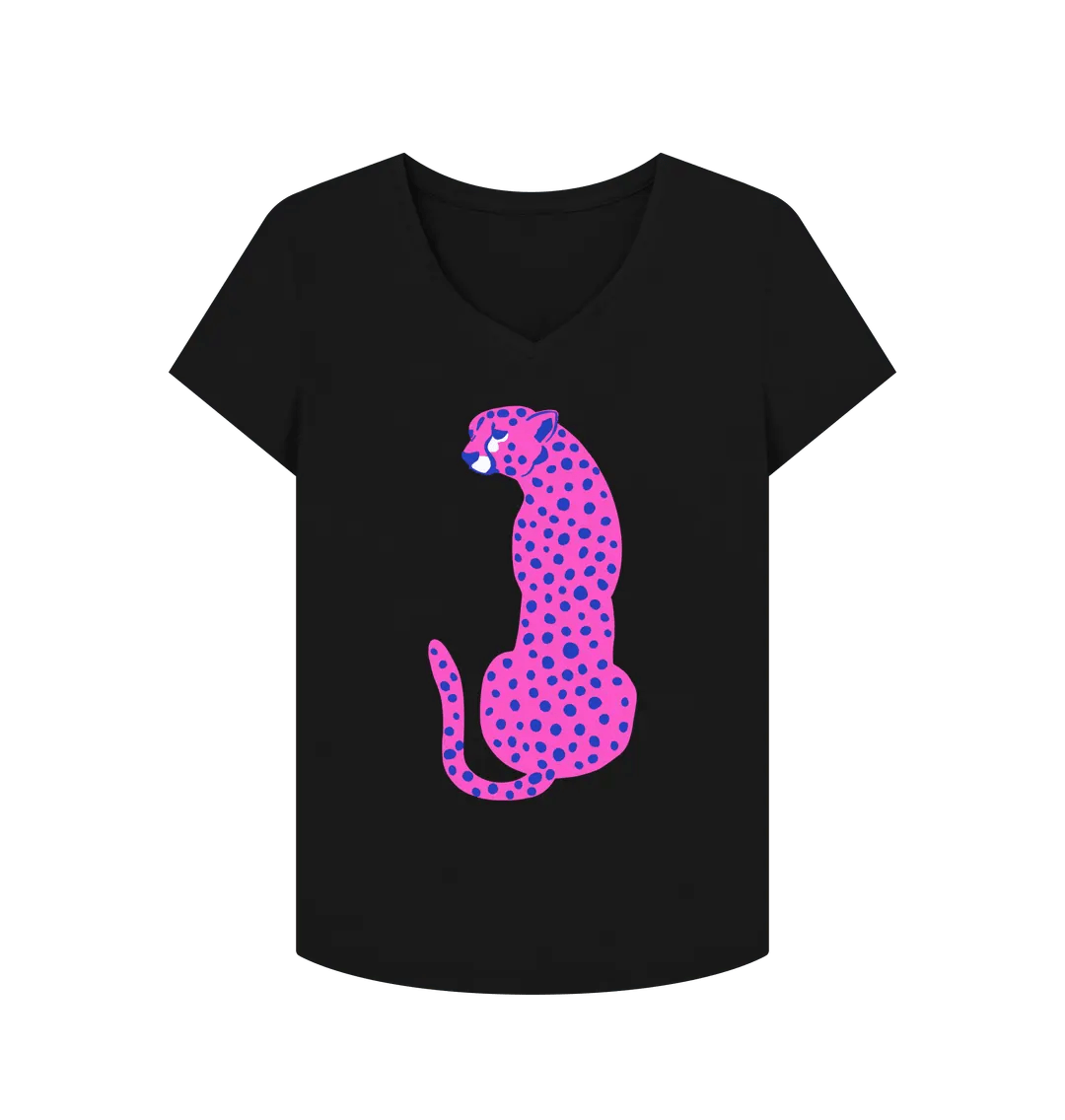 Pink Cheetah V Neck Organic Cotton T-shirt Black 8