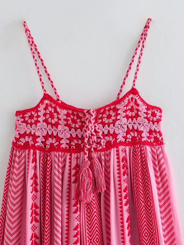 Pink Crochet Patchwork Knitted Boho Slip Summer Maxi Dress