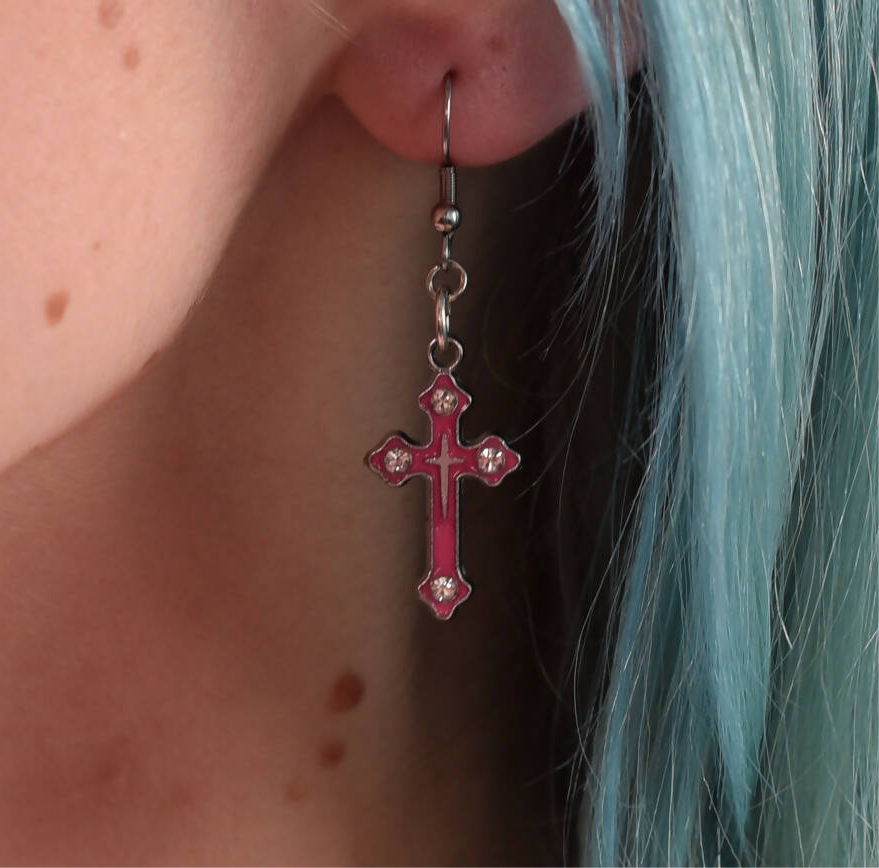 Pink Crystal Crucifix Earrings