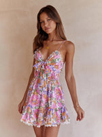Pink Floral Chest Knotted Printed Backless Summer Mini Dress