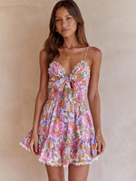 Pink Floral Chest Knotted Printed Backless Summer Mini Dress Pink