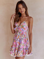 Pink Floral Chest Knotted Printed Backless Summer Mini Dress