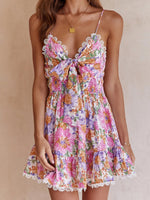 Pink Floral Chest Knotted Printed Backless Summer Mini Dress