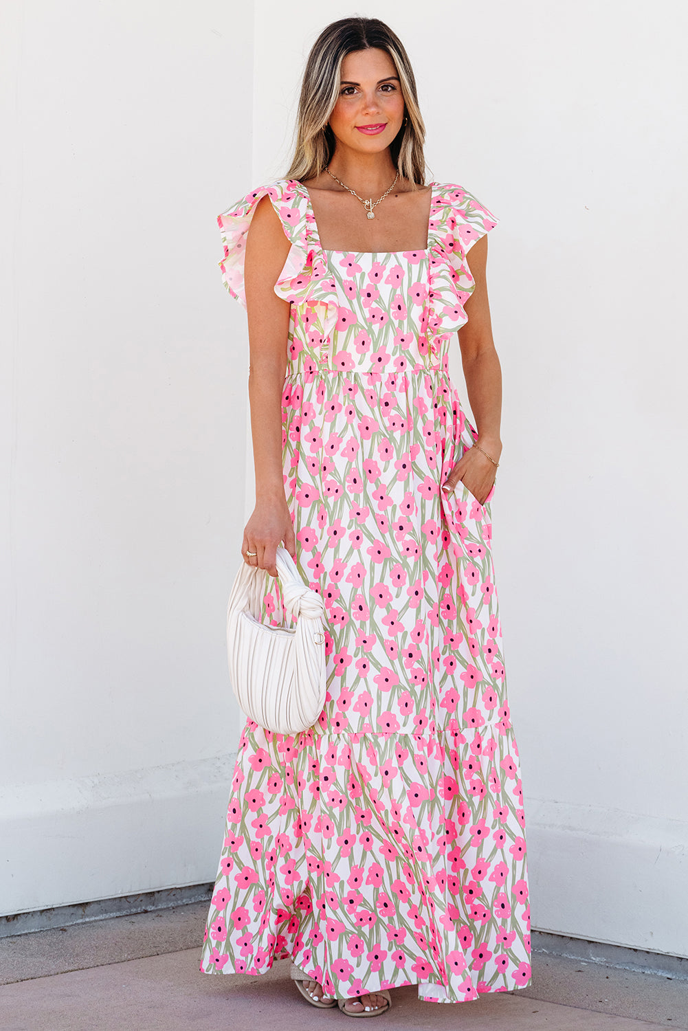 Pink Floral Print Square Neck Ruffled Strap Maxi Dress Pink 100%Polyester