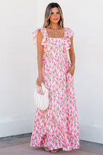 Pink Floral Print Square Neck Ruffled Strap Maxi Dress Pink 100%Polyester