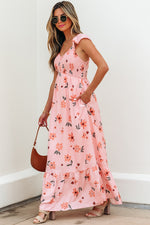 Pink Floral V-Neck Smocked High Waist Ruffle Hem Maxi Dress