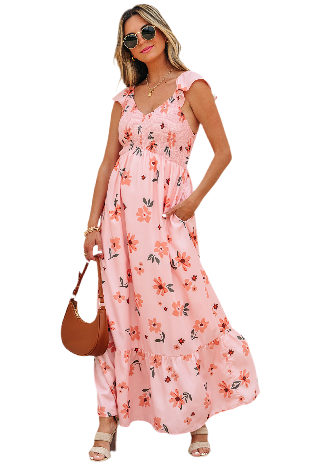 Pink Floral V-Neck Smocked High Waist Ruffle Hem Maxi Dress