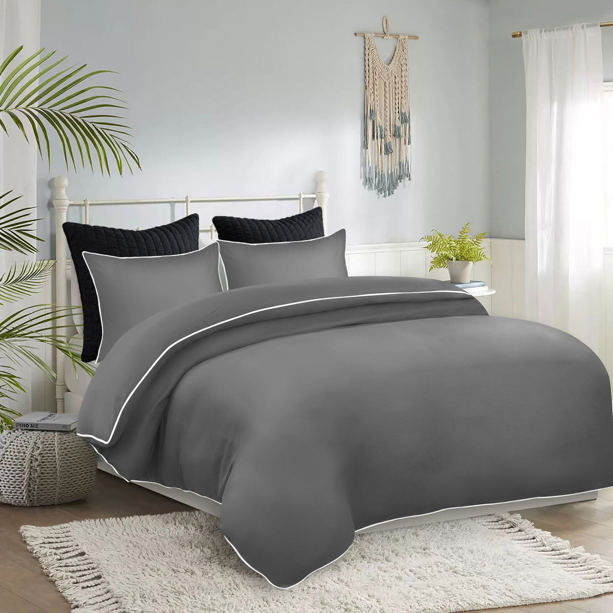 Piping Duvet Cover Set Grey Single
