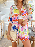 Pompeii Print Casual Holiday Style Floral Contrast Shorts & Top Co-ord Set