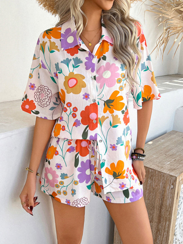 Pompeii Print Casual Holiday Style Floral Contrast Shorts & Top Co-ord Set