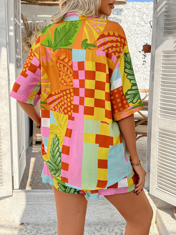 Pompeii Print Casual Holiday Style Floral Contrast Shorts & Top Co-ord Set