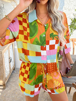 Pompeii Print Casual Holiday Style Floral Contrast Shorts & Top Co-ord Set