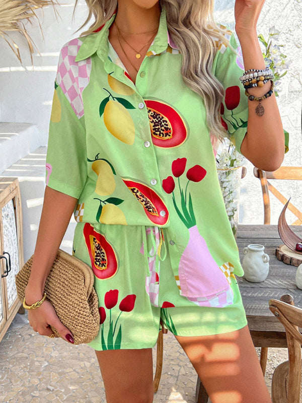 Pompeii Print Casual Holiday Style Floral Contrast Shorts & Top Co-ord Set