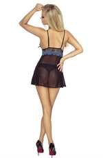 Provocative Black & Sapphire Blue Lace Babydoll & Crotchless Thong Set