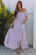 Purple Floral Short Bubble Sleeve Shirred High Waist Maxi Dress Purple 100%Polyester