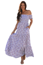 Purple Floral Short Bubble Sleeve Shirred High Waist Maxi Dress
