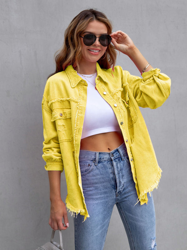 Raw Edge Ripped Denim Casual Jacket Yellow