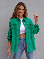Raw Edge Ripped Denim Casual Jacket Green
