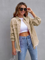 Raw Edge Ripped Denim Casual Jacket Khaki